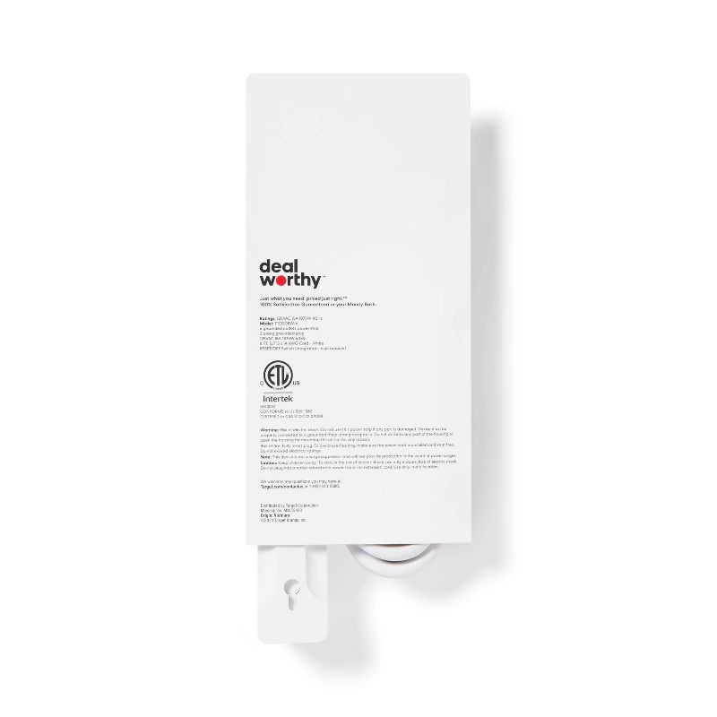slide 3 of 3, 8' 6 Outlet Indoor Power Strip White - Dealworthy™: 15A, 1875W, 14 AWG, 8ft Extension Cord, 3 Conductors, 8 ft