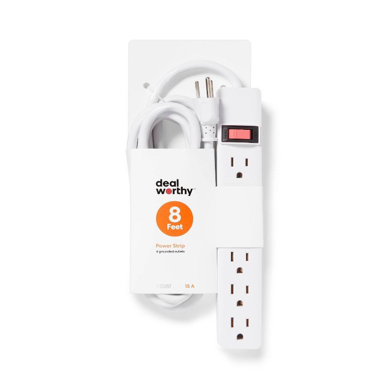 slide 1 of 3, 8' 6 Outlet Indoor Power Strip White - Dealworthy™: 15A, 1875W, 14 AWG, 8ft Extension Cord, 3 Conductors, 8 ft