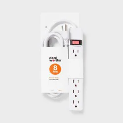 8' 6 Outlet Indoor Power Strip White - Dealworthy™: 15A, 1875W, 14 AWG, 8ft Extension Cord, 3 Conductors