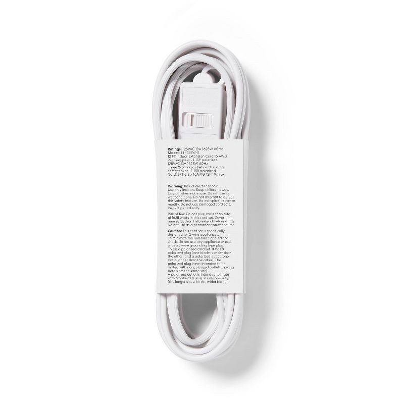 slide 3 of 3, 12' Indoor Cord 2 with 3 Outlets and Sliding Safety Cover White - Dealworthy™, 1 ct