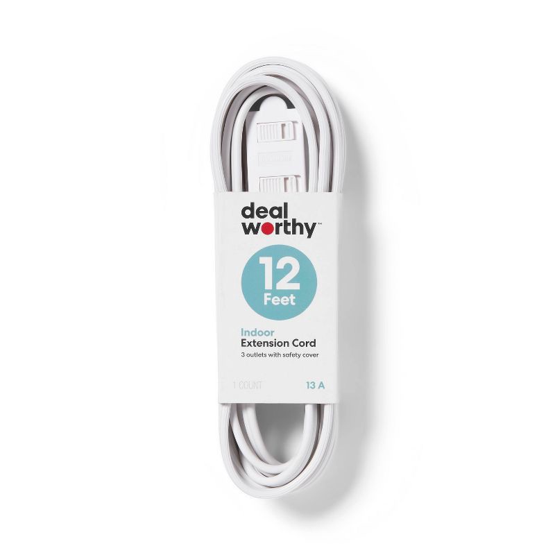 slide 1 of 3, 12' Indoor Cord 2 with 3 Outlets and Sliding Safety Cover White - Dealworthy™, 1 ct