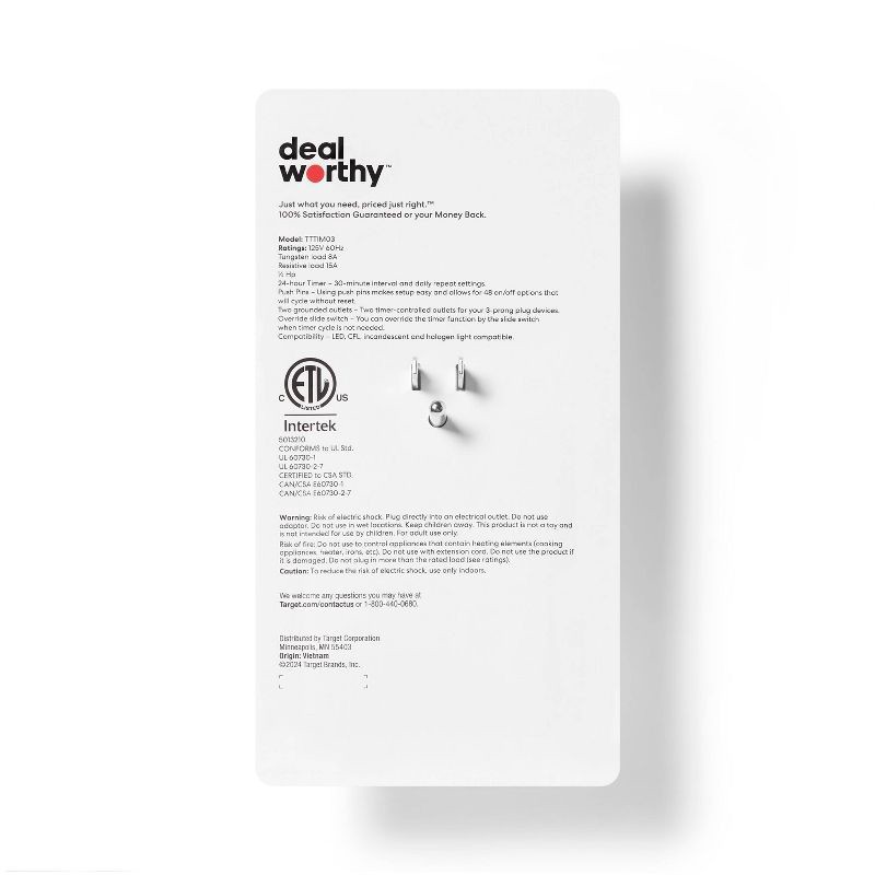 slide 3 of 3, Indoor 2 Grounded Outlet Timer White - Dealworthy™, 1 ct