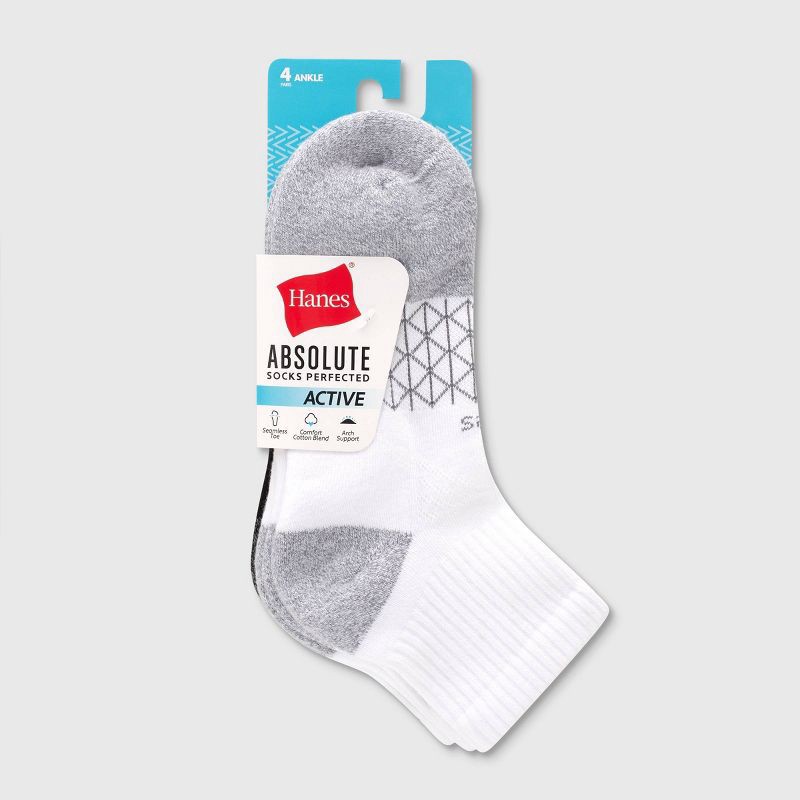 slide 3 of 5, Hanes Women's 4pk Absolute Active Ankle Socks - White/Black 5-9: Seamless Toe, Midweight Knit, 4 ct