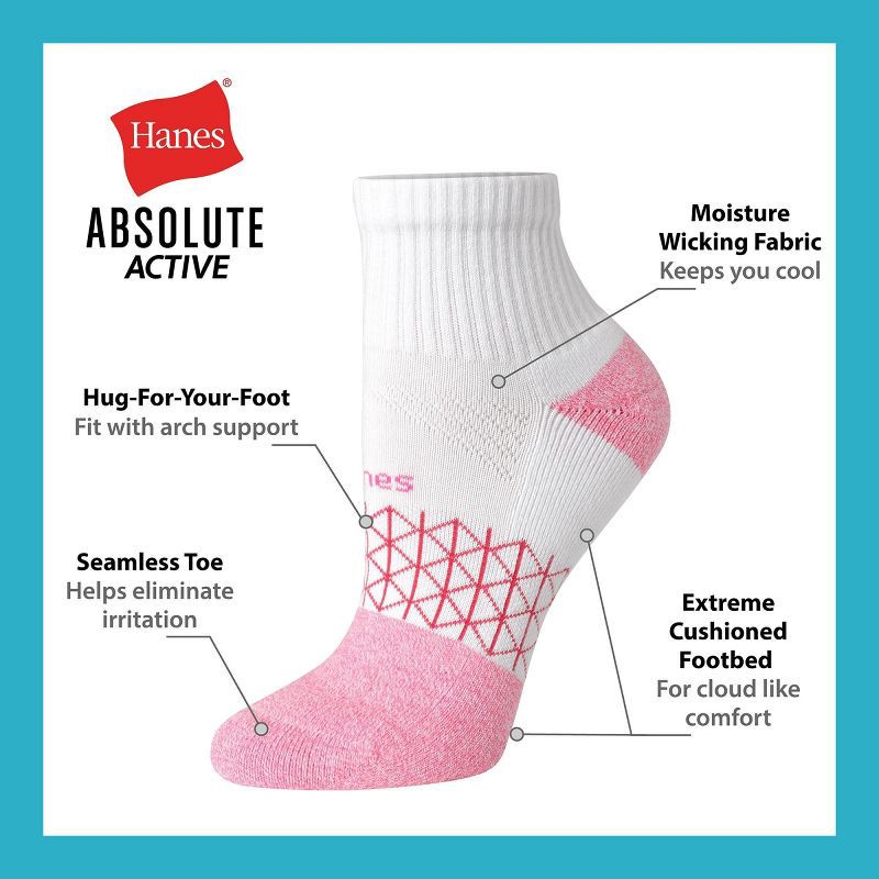 slide 4 of 5, Hanes Women's 4pk Absolute Active Ankle Socks - White/Black 5-9: Seamless Toe, Midweight Knit, 4 ct