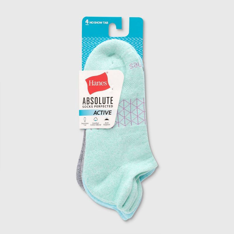 slide 3 of 5, Hanes Women's 4pk Absolute Active Heel Tab No Show Socks - Cool Color 5-9: Midweight Knit, Seamless Toe, Machine Washable, 4 ct