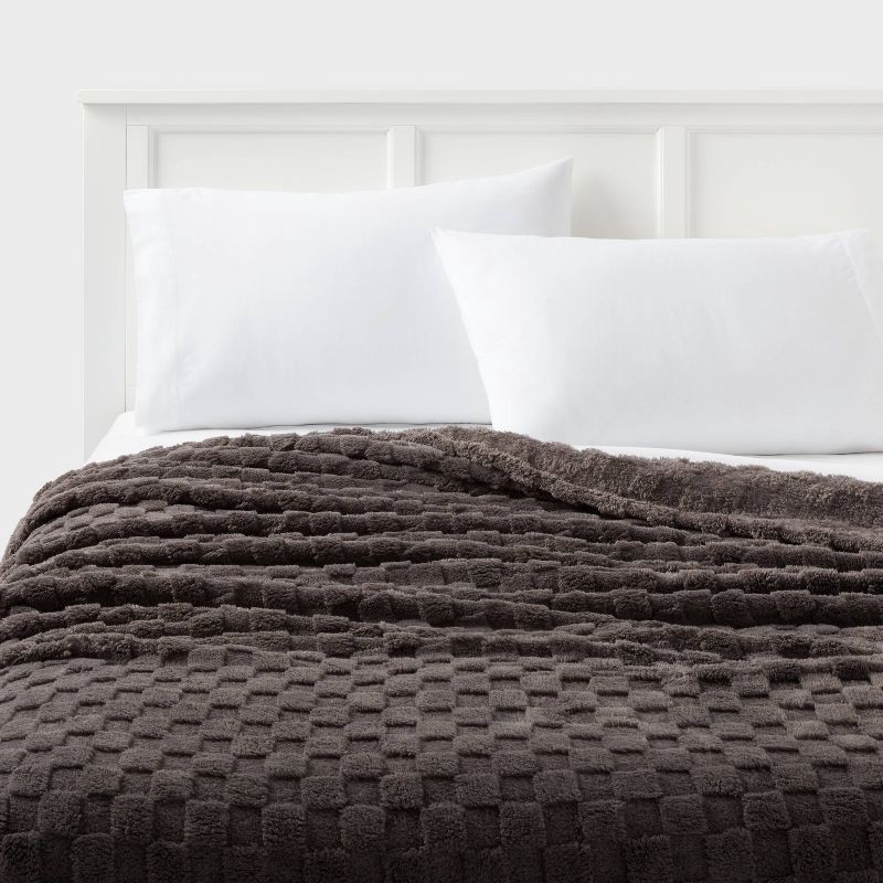 slide 2 of 3, Full/Queen Checkered Jacquard Plush Blanket Gray - Room Essentials™, 1 ct