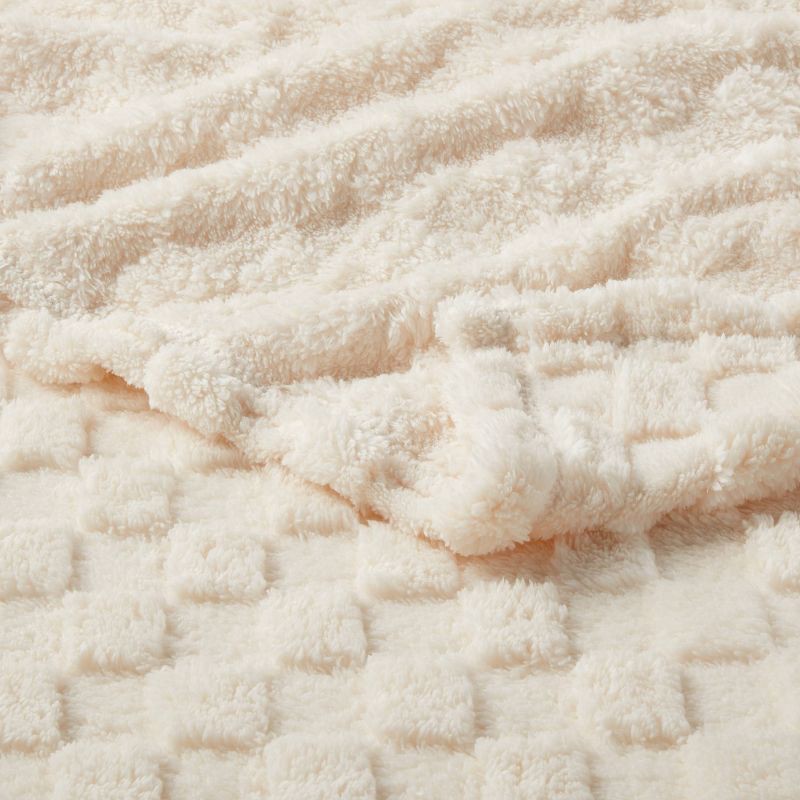 slide 3 of 3, Full/Queen Checkered Jacquard Plush Blanket Blanket Ivory - Room Essentials™, 1 ct