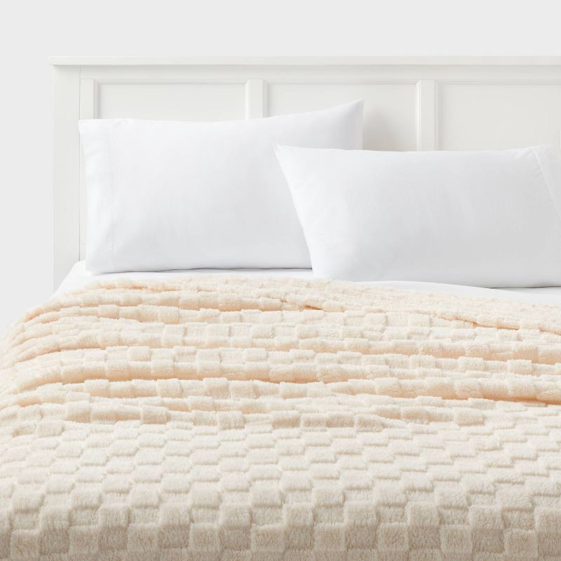 slide 2 of 3, Twin/Twin Extra Long Checkered Jacquard Plush Blanket Ivory - Room Essentials™, 1 ct
