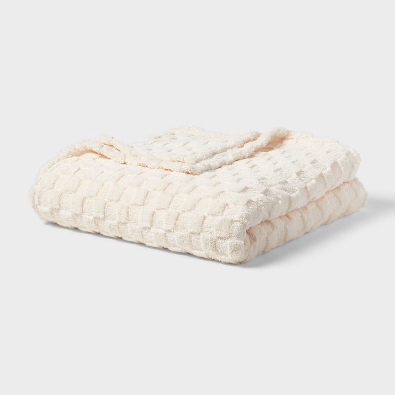 slide 1 of 3, Twin/Twin Extra Long Checkered Jacquard Plush Blanket Ivory - Room Essentials™, 1 ct
