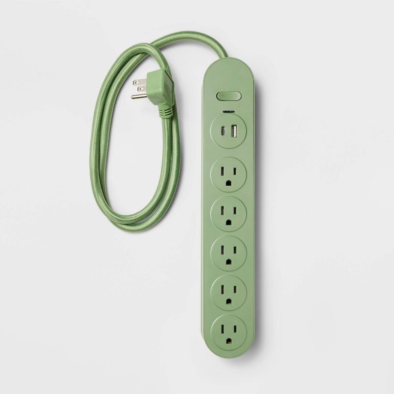 slide 1 of 3, 5 Outlet Surge Protector 3' Cord with USB Green - heyday™, 1 ct