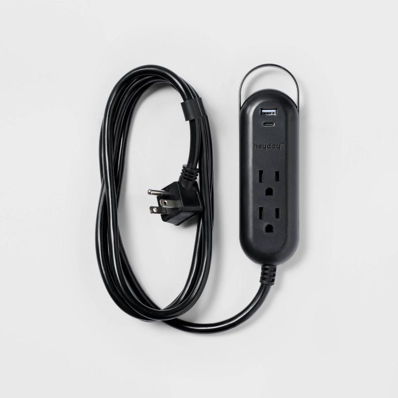 slide 1 of 3, 6' 2-Outlet Indoor Extension Cord with USB and USB-C Ports Black - heyday™: Flat Plug, 16 AWG, 13 Amps, 6ft Length, 6 ft