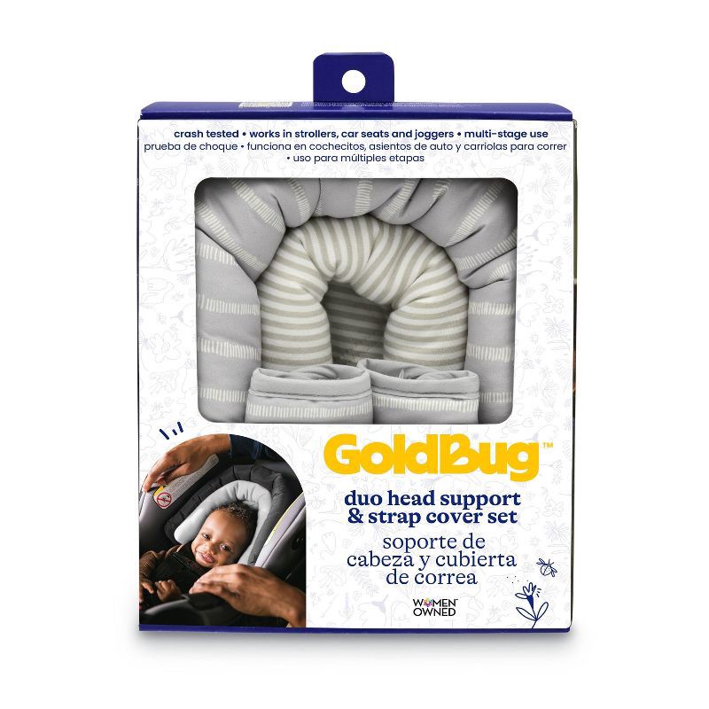 slide 4 of 6, GoldBug Duo Car Seat Head Support and Strap Cover - Car Seat Insert for Baby - Gray Ticking Stripe, 1 ct