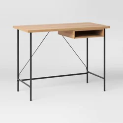 Wood and Metal Writing Desk with Storage Natural Laminate - Room Essentials™: Sturdy Home Office Furniture with Open Shelf