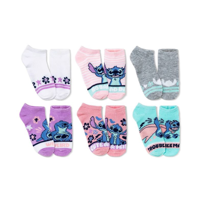 slide 1 of 2, Girls' Lilo & Stitch 6pk No Show Socks - Pink XS/S, 6 ct