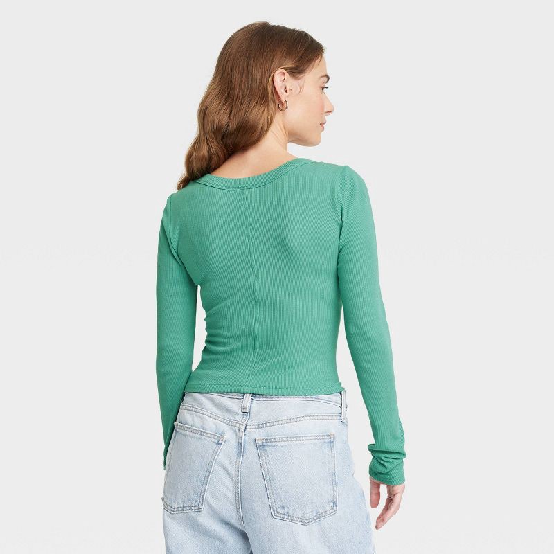 slide 3 of 3, Women's Ribbed Long Sleeve Scoop Neck T-Shirt - Universal Thread™ Green XS, 1 ct