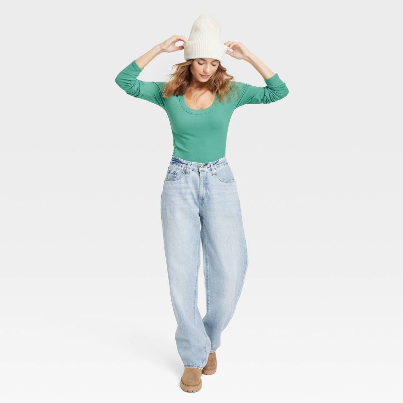 slide 2 of 3, Women's Ribbed Long Sleeve Scoop Neck T-Shirt - Universal Thread™ Green XS, 1 ct