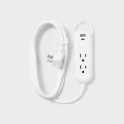 6' 2-Outlet Indoor Extension Cord with USB and USB-C Ports White - heyday™: Flat Plug, 16 AWG, 13A, 6ft Length