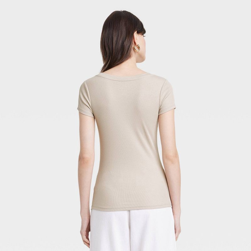 slide 2 of 3, Women's Slim Fit Short Sleeve Ribbed Scoop Neck T-Shirt - A New Day™ Beige L: Cotton Modal Spandex Blend, 1 ct