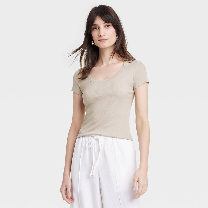 slide 1 of 3, Women's Slim Fit Short Sleeve Ribbed Scoop Neck T-Shirt - A New Day™ Beige L: Cotton Modal Spandex Blend, 1 ct