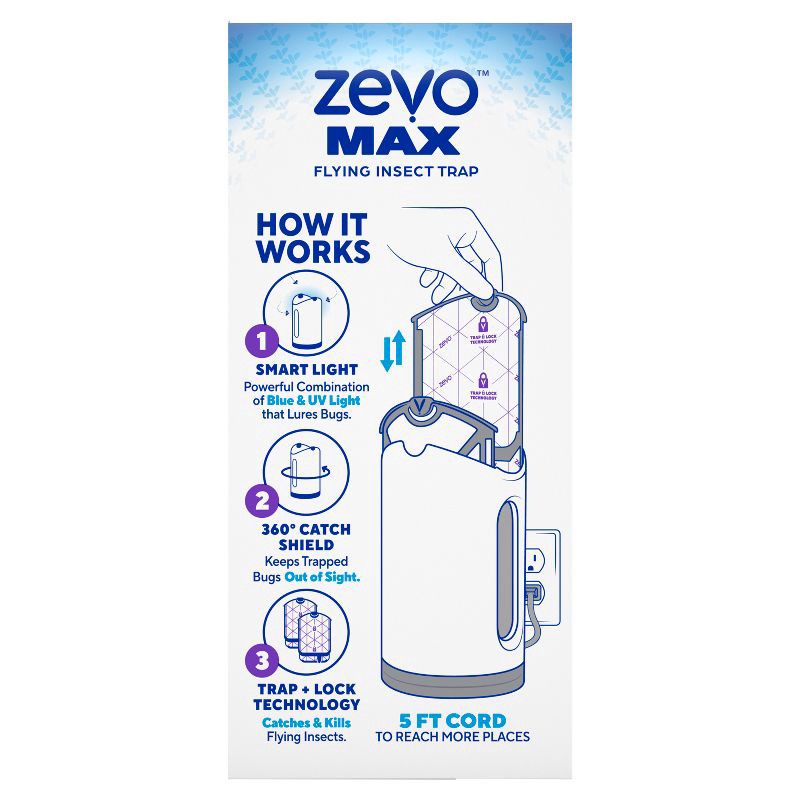 slide 15 of 15, Zevo Flying Insect Indoor Light Fly Trap Starter Kit, Catches House Flies, Fruit Flies, Gnats & More - 1 Trap + 2 Refills, 1 ct