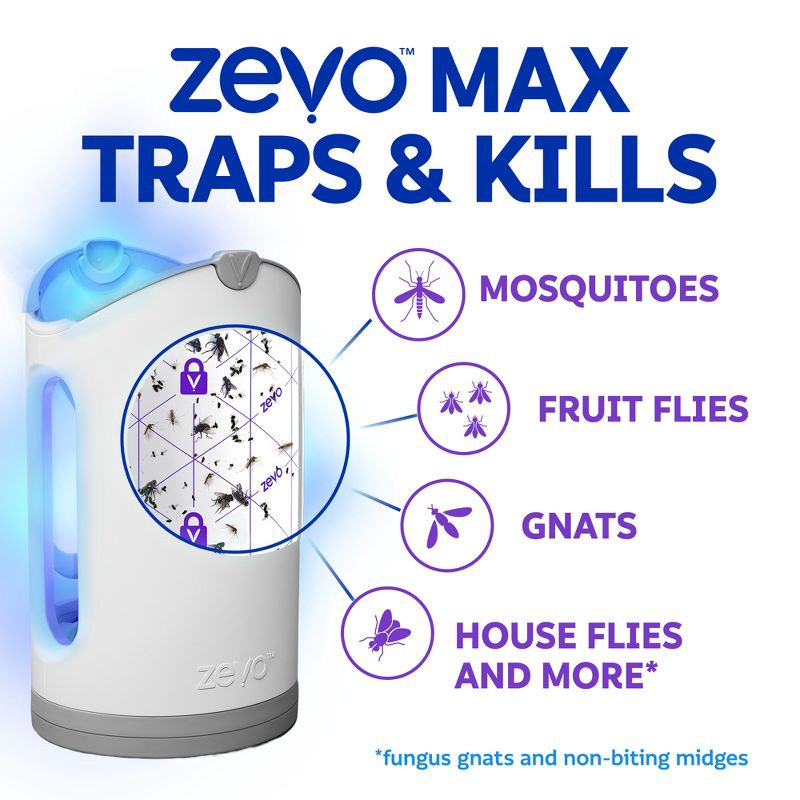 slide 4 of 15, Zevo Flying Insect Indoor Light Fly Trap Starter Kit, Catches House Flies, Fruit Flies, Gnats & More - 1 Trap + 2 Refills, 1 ct