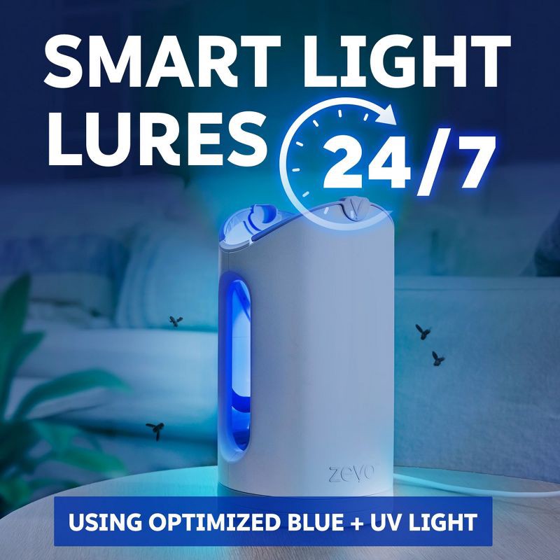 slide 6 of 15, Zevo Flying Insect Indoor Light Fly Trap Starter Kit, Catches House Flies, Fruit Flies, Gnats & More - 1 Trap + 2 Refills, 1 ct