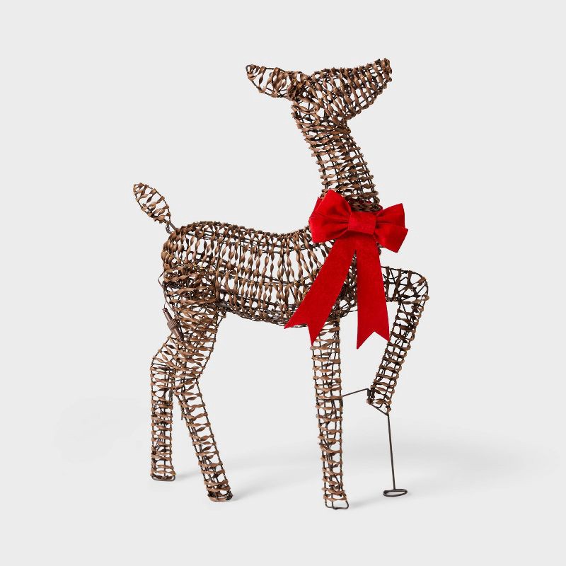 slide 3 of 4, 33" LED Faux Rattan Deer Doe with Red Bow Christmas Novelty Sculpture Light - Wondershop™, 1 ct