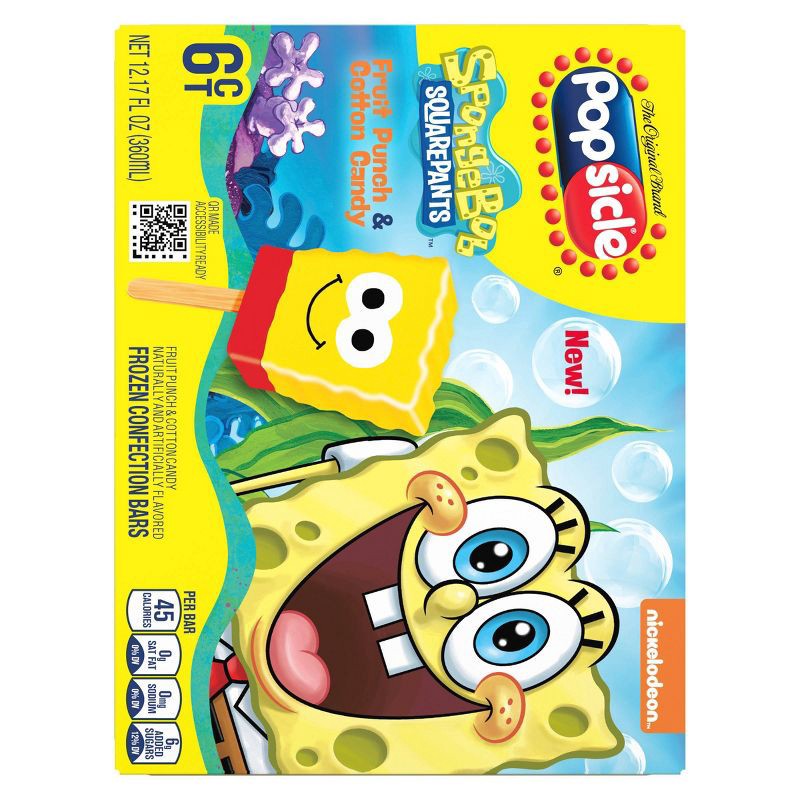 slide 2 of 6, Popsicle Fruit Punch & Cotton Candy Frozen Confection Bars SpongeBob SquarePants - 6pk/12.17 fl oz, 6 ct, 12.17 fl oz