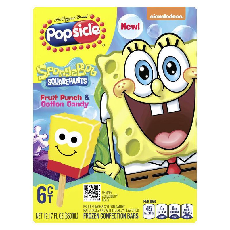 slide 1 of 6, Popsicle Fruit Punch & Cotton Candy Frozen Confection Bars SpongeBob SquarePants - 12.17oz/6ct, 12.17 oz, 6 ct