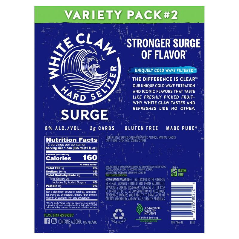 slide 13 of 14, White Claw Hard Seltzer White Claw Surge Variety #2 - 12pk/12 fl oz Cans, 2 x 12 ct, 12 fl oz