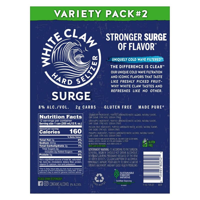 slide 6 of 6, White Claw Hard Seltzer White Claw Surge Variety #2 - 12pk/12 fl oz Cans, 2 x 12 ct, 12 fl oz