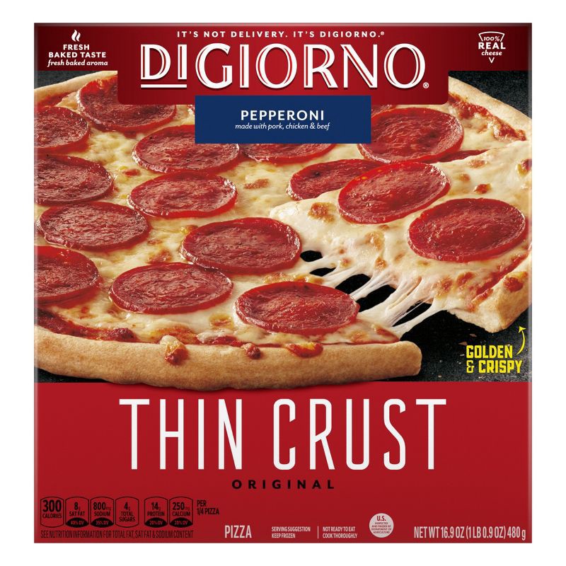 slide 1 of 9, DiGiorno Thin Crust Pepperoni Frozen Pizza - 16.9oz, 16.9 oz