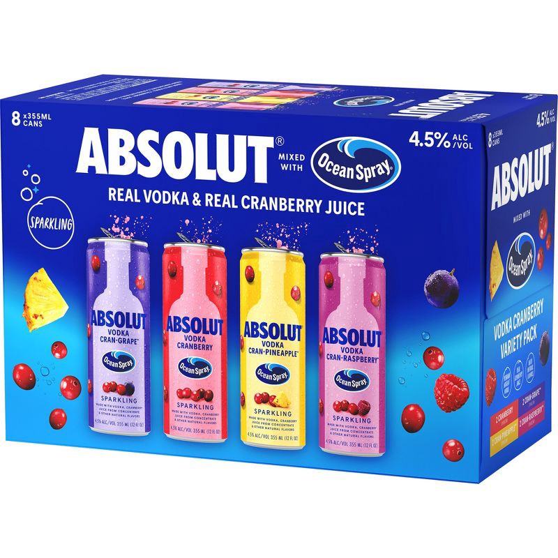 slide 1 of 6, Absolut Ocean Spray Variety Cocktails - 8pk/355ml Cans, 8 ct, 355 ml
