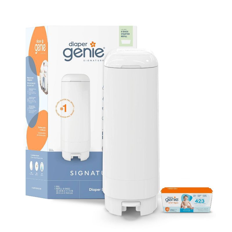 slide 1 of 13, Diaper Genie Signature Pail with 9 Bags - White, 1 ct
