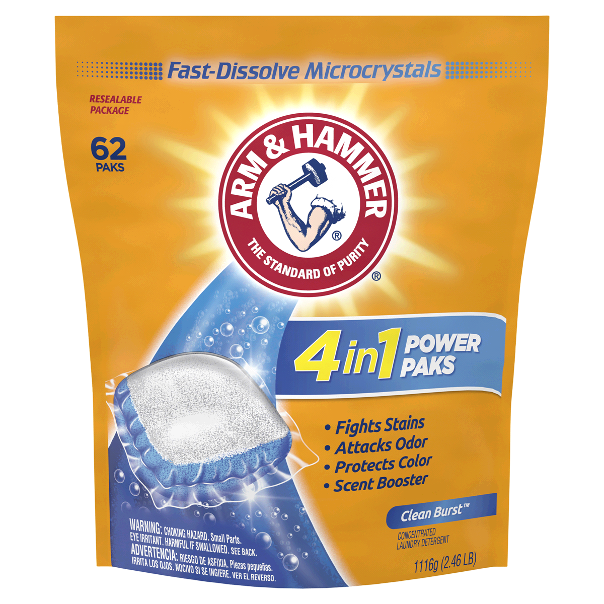 slide 1 of 4, ARM & HAMMER Oxiclean Stain Fighters Cleanburst 2-in-1 Power Paks, 62 ct