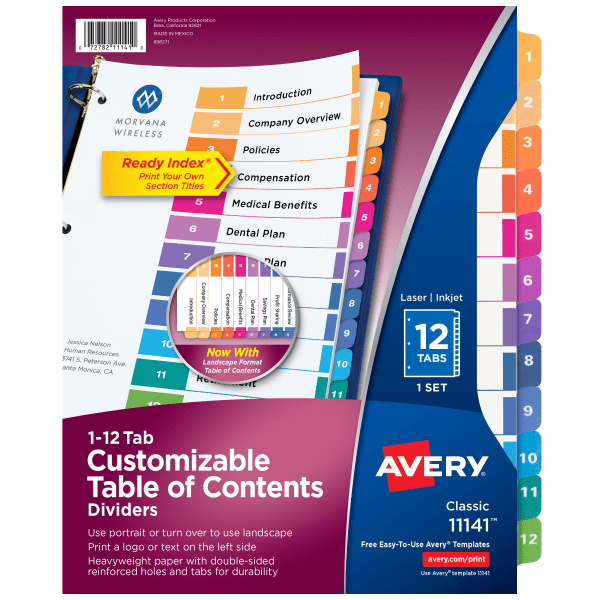 slide 1 of 10, Avery Ready Index 20% Recycled Table Of Contents Dividers, 1-12 Tab, Multicolor, 1 ct