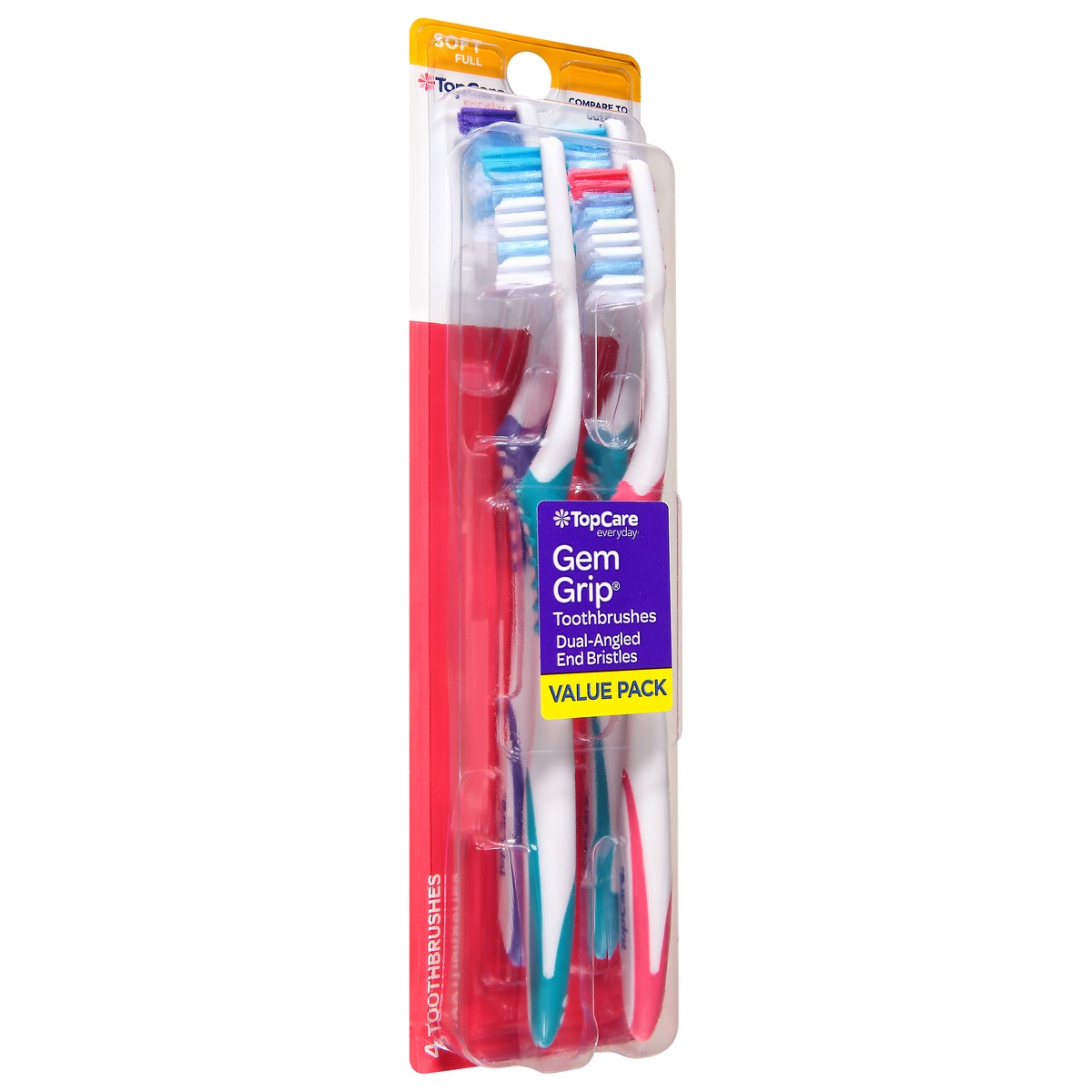 slide 9 of 9, TopCare Everyday Gem Grip Dual-Angled End Bristles Value Pack Toothbrush 4 ea, 4 ct