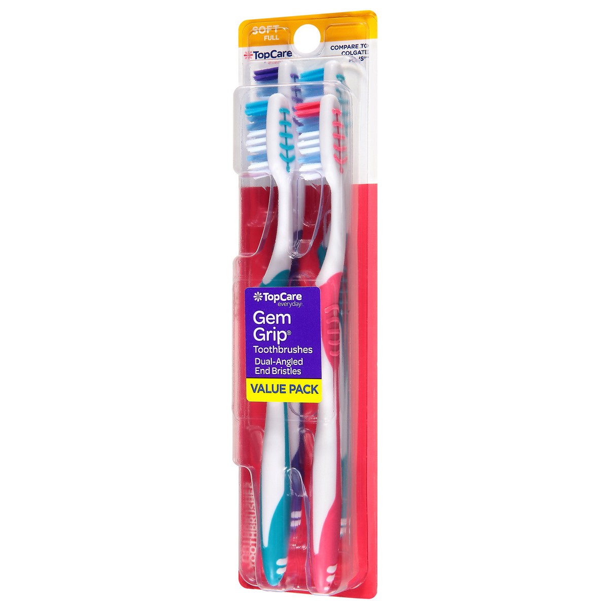 slide 8 of 9, TopCare Everyday Gem Grip Dual-Angled End Bristles Value Pack Toothbrush 4 ea, 4 ct