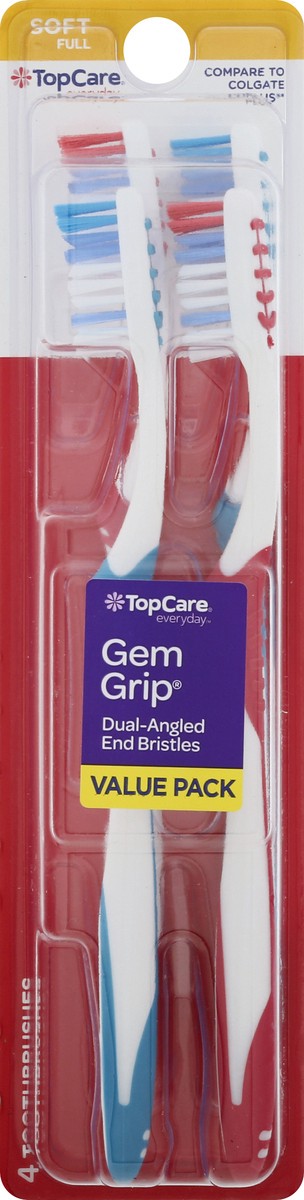 slide 1 of 9, TopCare Everyday Gem Grip Dual-Angled End Bristles Value Pack Toothbrush 4 ea, 4 ct