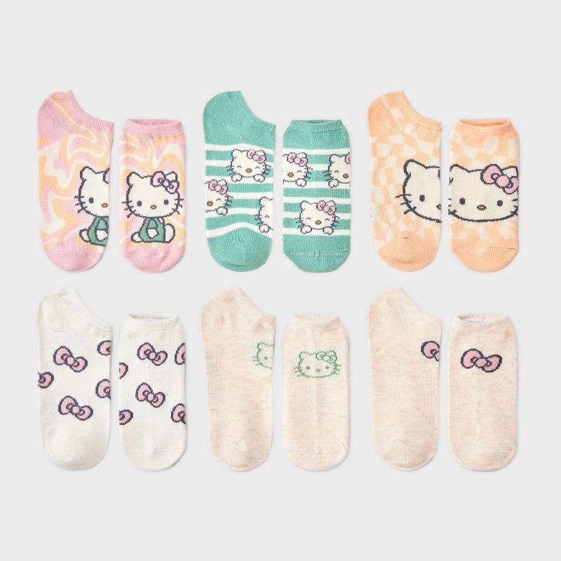 slide 1 of 3, Girls' Hello Kitty 6pk No Show Socks - M/L: Polyester Spandex Knit, Figures Pattern, 6 ct