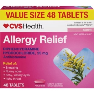 slide 1 of 1, CVS Health Allergy Relief Diphenydramine Hydrochloride Tablets, 48 ct