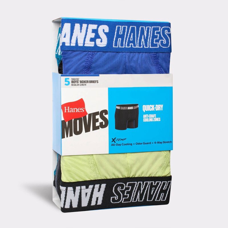 slide 2 of 5, Hanes Moves Boys' 5pk Anti-Chafe Boxer Briefs - Blue S: Moisture Wicking, Quick Dry, 4-Way Stretch, 5 ct
