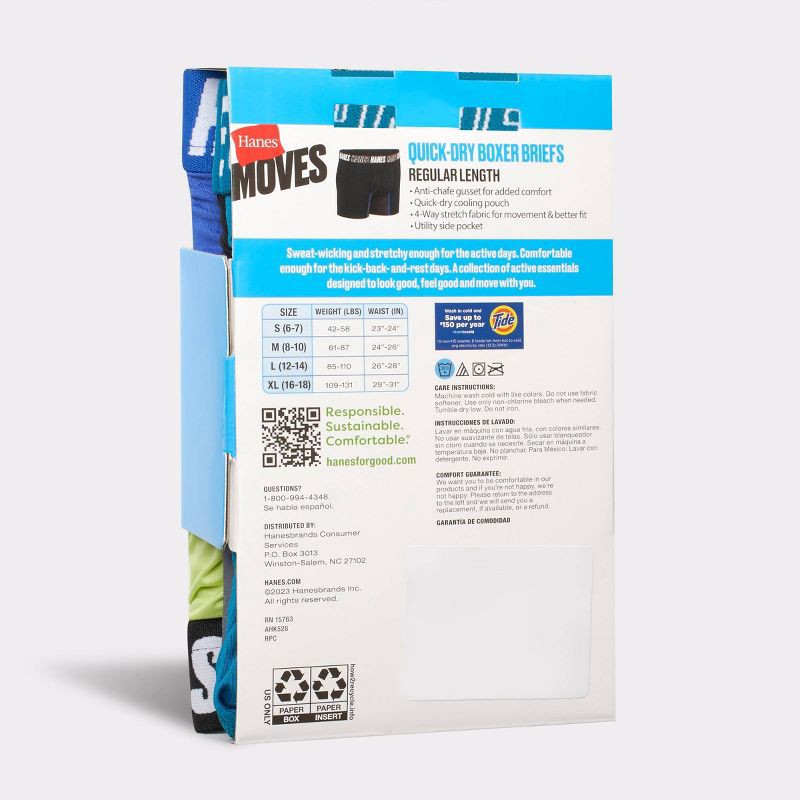 slide 3 of 5, Hanes Moves Boys' 5pk Anti-Chafe Boxer Briefs - Blue S: Moisture Wicking, Quick Dry, 4-Way Stretch, 5 ct