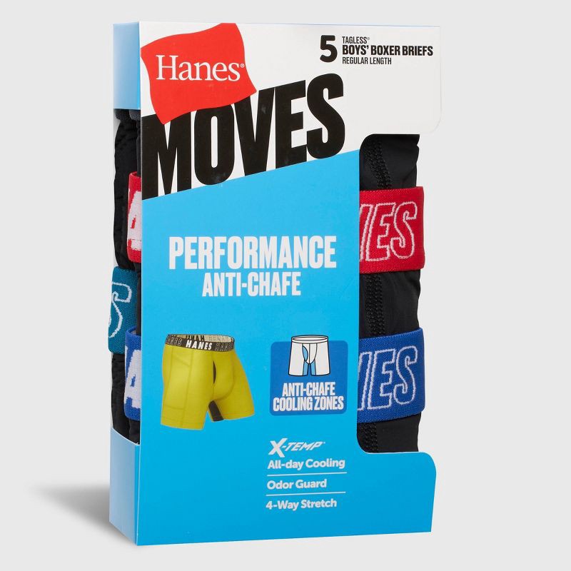 slide 2 of 6, Hanes Moves Boys' 5pk Anti-Chafe Boxer Briefs - Black S: Moisture Wicking, Quick Dry, 4-Way Stretch, Pull-On, 5 ct