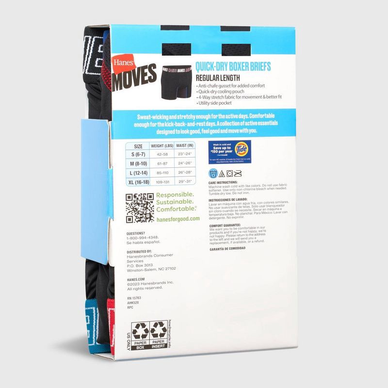 slide 3 of 6, Hanes Moves Boys' 5pk Anti-Chafe Boxer Briefs - Black S: Moisture Wicking, Quick Dry, 4-Way Stretch, Pull-On, 5 ct