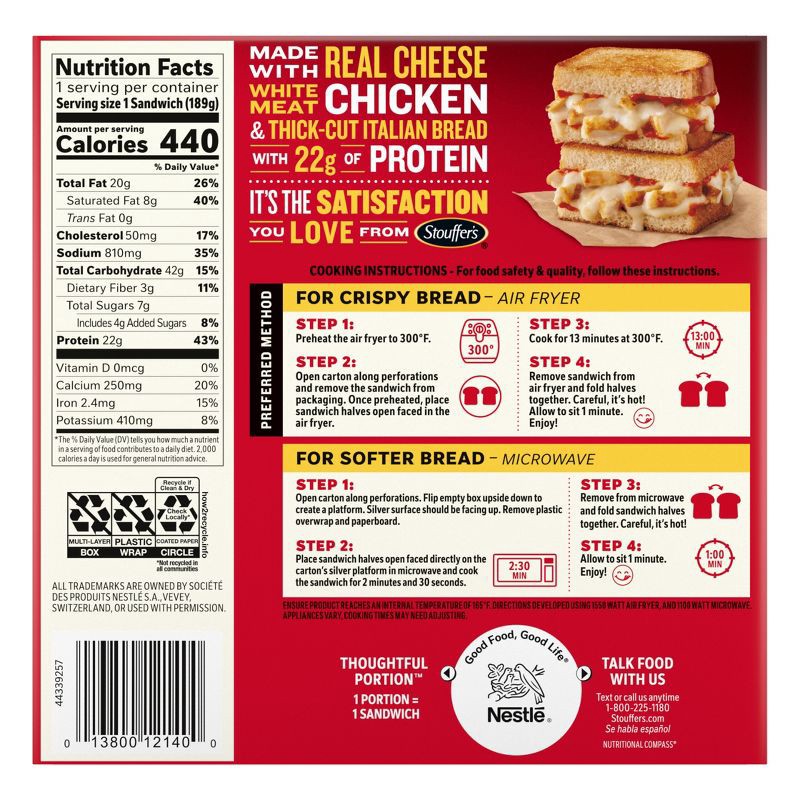 slide 2 of 8, Stouffer's Sandwich Melt Fulls Grilled Chicken Parmesan Frozen Lunch Meal - 6.6oz, 6.6 oz