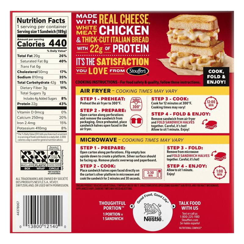 slide 8 of 8, Stouffer's Sandwich Melt Fulls Grilled Chicken Parmesan Frozen Lunch Meal - 6.6oz, 6.6 oz