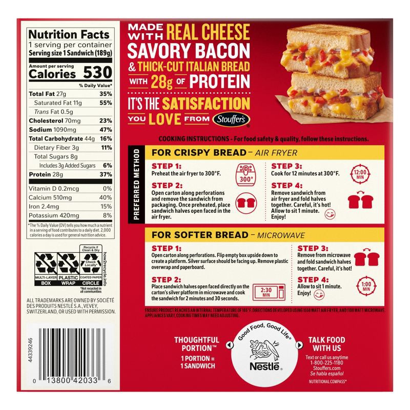 slide 3 of 10, Stouffer's Sandwich Melt-Fulls Cheddar Bacon Tomato Frozen Lunch Meal - 6.6oz, 6.6 oz