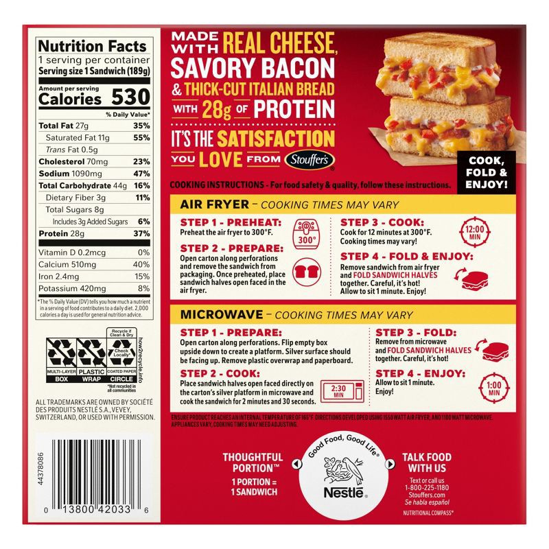 slide 7 of 10, Stouffer's Sandwich Melt-Fulls Cheddar Bacon Tomato Frozen Lunch Meal - 6.6oz, 6.6 oz