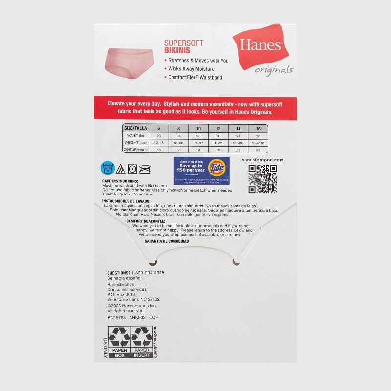 slide 4 of 7, Hanes Originals Girls' 5pk SuperSoft Bikini Underwear 14, 5 ct